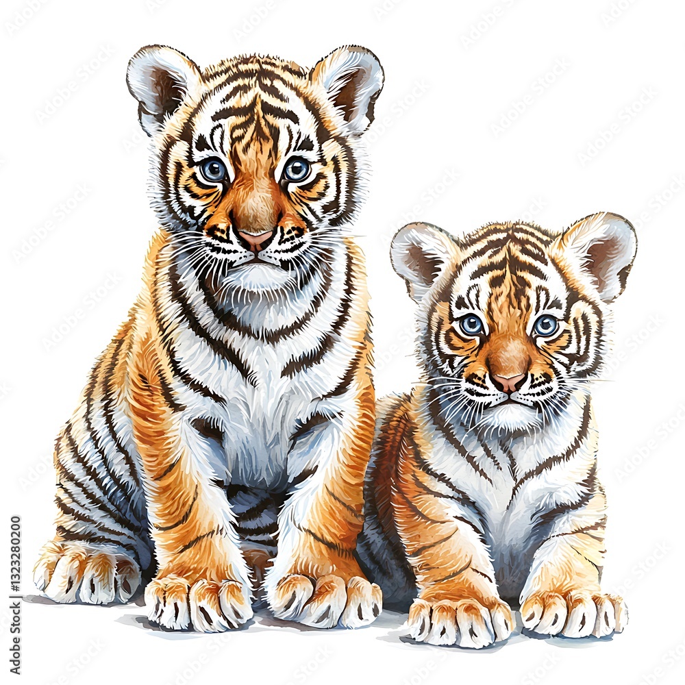 Naklejka premium Two Adorable Tiger Cubs Sitting Together A Charming Wildlife Illustration.