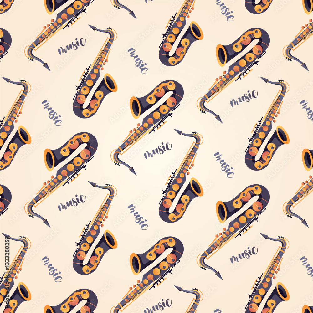 Musical seamless vector pattern with a saxophone and the word music on a beige background. Suitable for packaging, wallpaper, background Musical seamless vector pattern with a saxophone and the word music on a beige background. Suitable for packaging, wallpaper, background