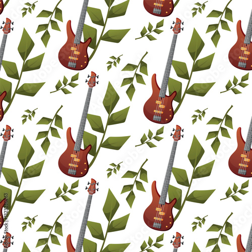 Musical seamless vector pattern with a bass guitar and green leaves. Perfect for fabric design, packaging, background  