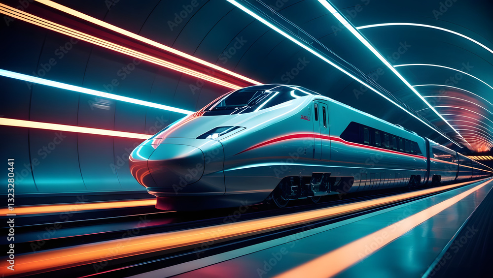 Obraz premium Speed of Innovation: A sleek, futuristic bullet train streaks through a brightly lit tunnel, capturing the essence of rapid transport, progress, and innovation.