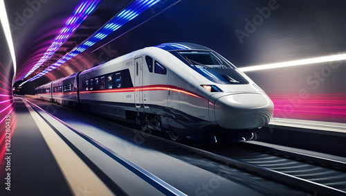 Wallpaper Mural High-Speed Rail in Motion: A sleek, modern high-speed train streaks through a neon-lit tunnel, its blurred motion conveying speed and progress. Torontodigital.ca