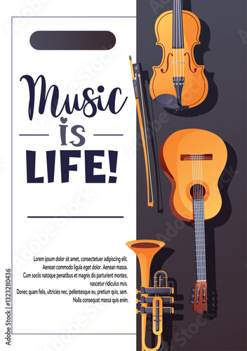 Stylish vector music poster featuring a classical guitar, violin, trumpet, and the text Music is Life. Suitable for banners and posters  