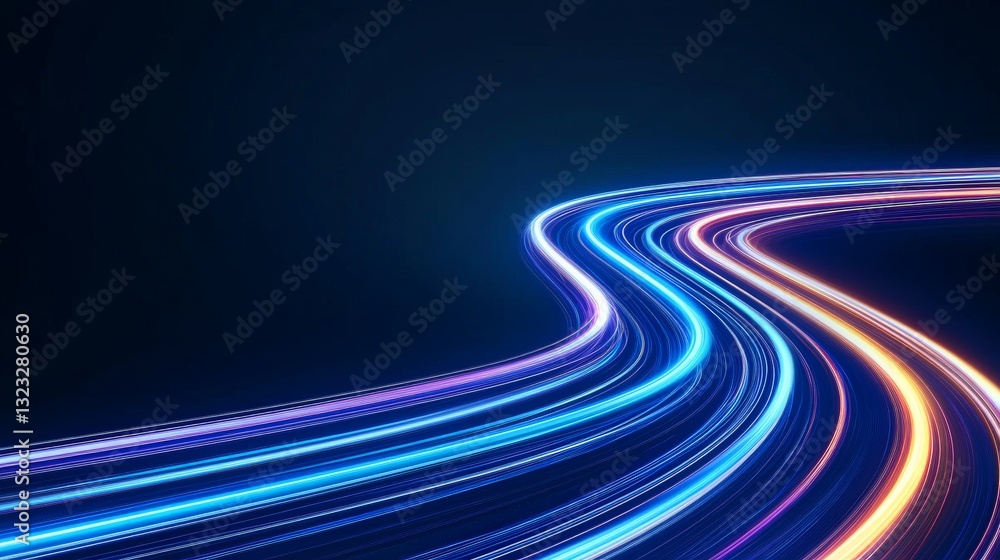 Glowing futuristic road curves with high speed neon trails representing cyber infrastructure digital connectivity AI driven transportation quantum networking and the evolution of modern technology