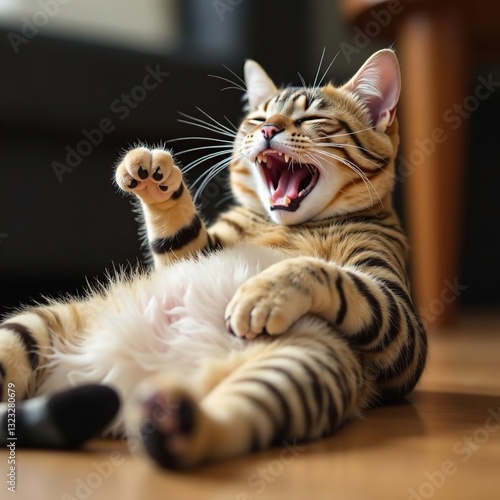 Cute laughing cat on the floor. The cat holds his stomach with laughter. Perfect minimal day of laughter. Fool's Day poster cover card for web and social media. 