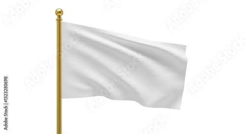 Elegant white flag waving on a sleek golden pole isolated on white background