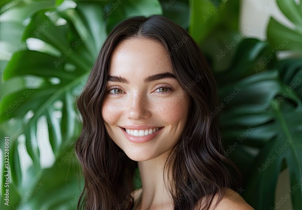 Skincare model smiling, long-haired brunette woman with monstera leaves in the background Skincare model smiling, long-haired brunette woman with monstera leaves in the background
