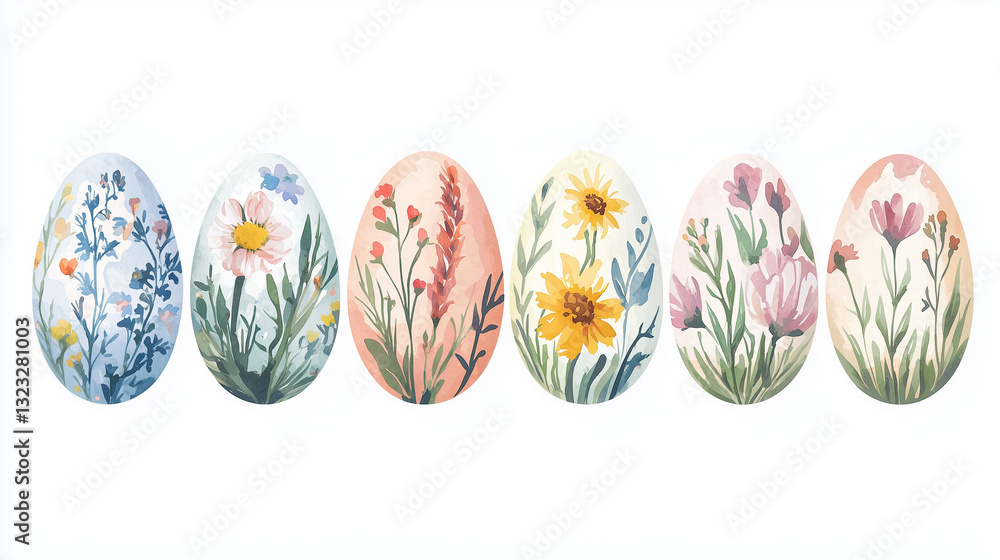 Hand-painted Easter eggs adorned with delicate floral watercolor elements, creating a vintage botanical feel, perfect for a springtime celebration.
Hand-painted Easter eggs adorned with delicate floral watercolor elements, creating a vintage botanical feel, perfect for a springtime celebration.