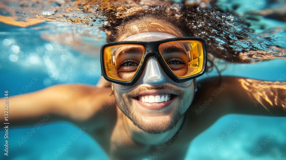 Naklejka premium Woman is smiling while wearing goggles and swimming in the ocean. Concept of joy and excitement as the woman enjoys her time in the water