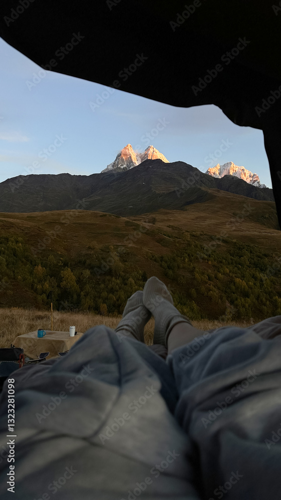 Relaxing in Svaneti with a view of majestic mountains Relaxing in Svaneti with a view of majestic mountains