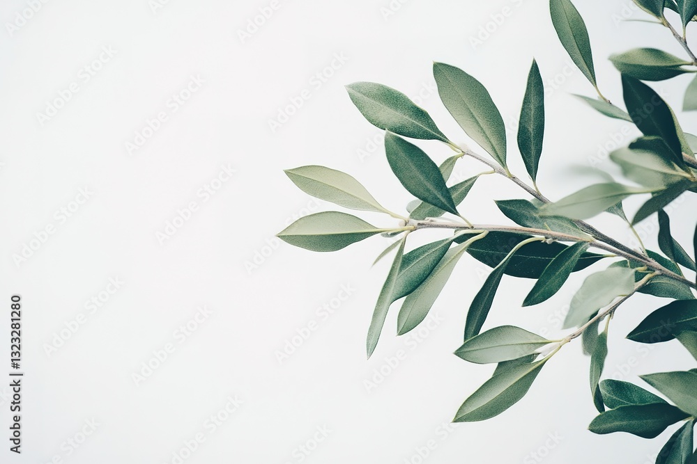 Fototapeta premium Elegant Olive Branch with Lush Green Leaves on White Background - Botanical Illustration