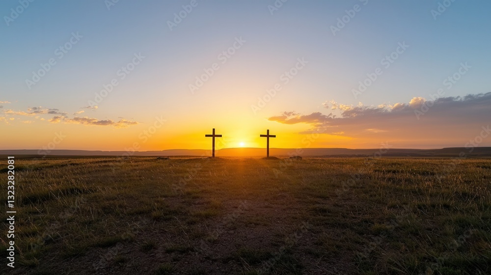 Obraz premium Serene image of dark silhouettes of crosses set against a vibrant colorful sunset over a tranquil field or countryside setting