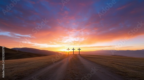 Three crosses stand tall against the backdrop of a stunning sunset casting their serene silhouettes across a vast peaceful field along a winding rural road