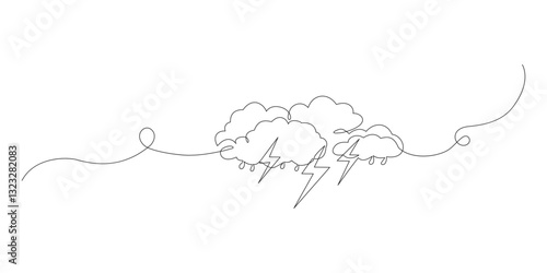Continuous one line art editable drawing of thundercloud and lightning