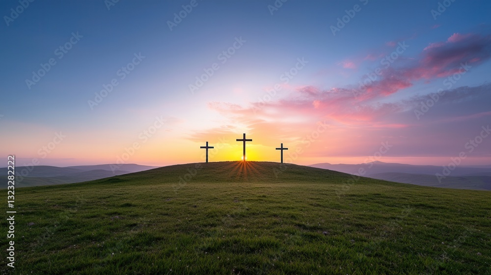 Obraz premium Three Christian crosses stand solemnly on a grassy hilltop their silhouettes framed against a breathtaking sunset sky filled with warm hues of orange pink and purple