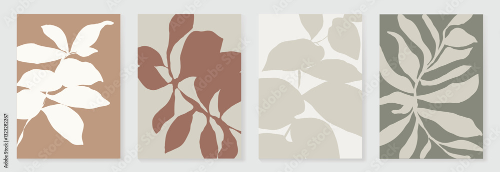 Fototapeta premium Set of abstract foliage poster vector. Leaves, flower, organic shapes, earth tone colors, leaf branch. Illustration design for Eco packaging, interior, cover, wall art, wallpaper.