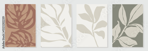 Set of abstract foliage poster vector. Leaves, flower, organic shapes, earth tone colors, leaf branch. Illustration design for Eco packaging, interior, cover, wall art, wallpaper.