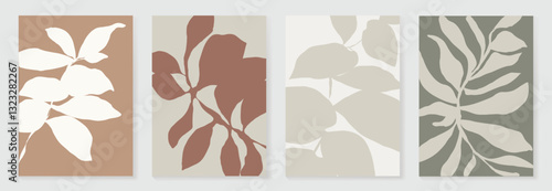 Set of abstract foliage poster vector. Leaves, flower, organic shapes, earth tone colors, leaf branch. Illustration design for Eco packaging, interior, cover, wall art, wallpaper.