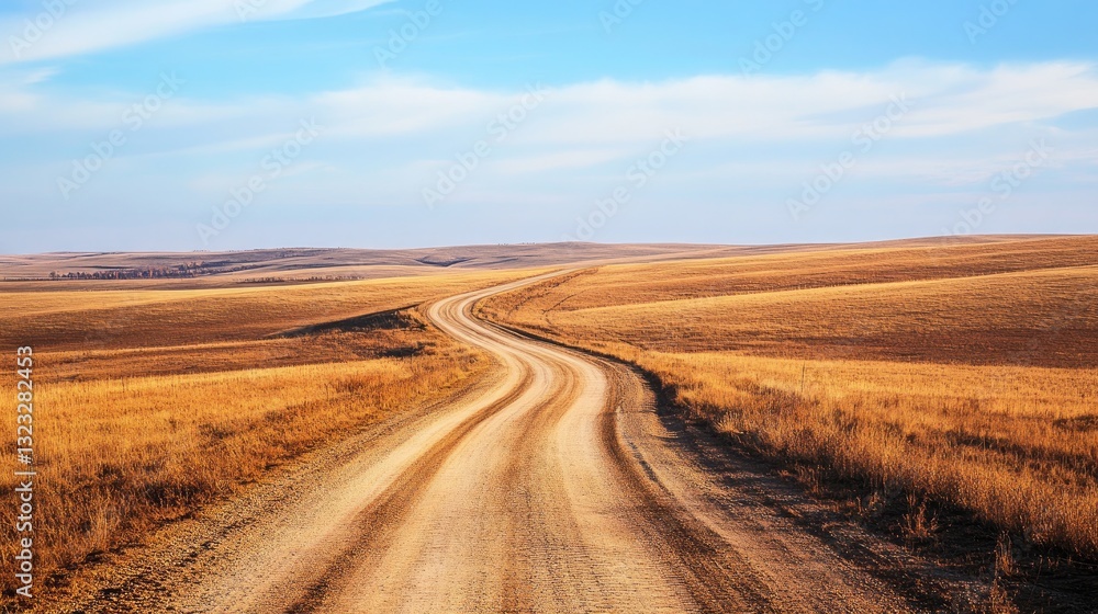 Scenic Dirt Road Winding Through Golden Fields Under Clear Blue Sky in Expansive Countryside Landscape Scenic Dirt Road Winding Through Golden Fields Under Clear Blue Sky in Expansive Countryside Landscape