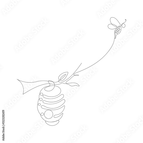 Continuous one line drawing of bee with honeycomb