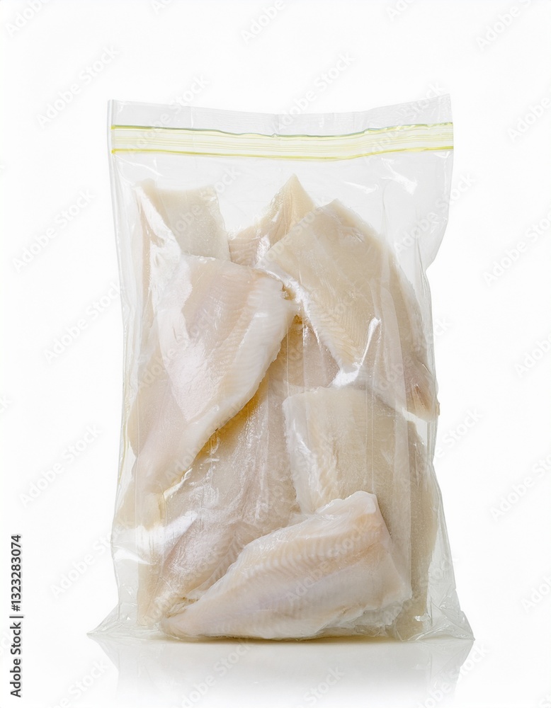 Close-up view of a package of fresh, raw fish fillets. The off-white color of the fish contrasts against the clear plastic packaging. Close-up view of a package of fresh, raw fish fillets. The off-white color of the fish contrasts against the clear plastic packaging.