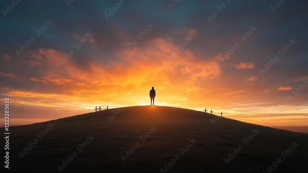 Fototapeta premium A breathtaking sunset casts a warm vibrant glow over a serene landscape dotted with silhouetted crosses creating a powerful and introspective scene