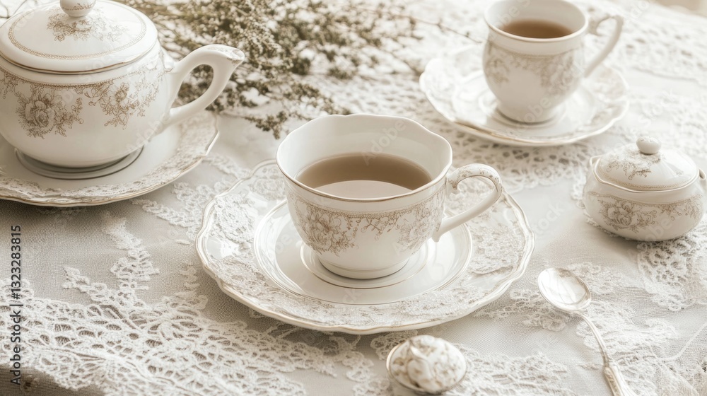 Fototapeta premium Elegant tea set with flowers arranged on a lace tablecloth
