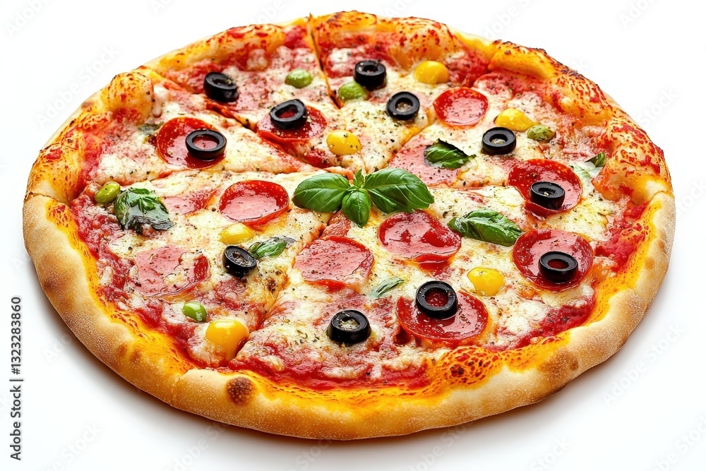 A delicious pizza pie covered with toppings and fresh ingredients