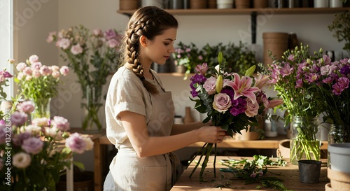 Fototapeta Naklejka Na Ścianę i Meble -  Young female florist arranging a bouquet of peonies
