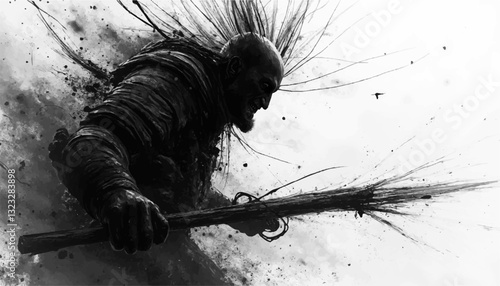 Fierce Mythical Warrior with Expressive Chaotic Background