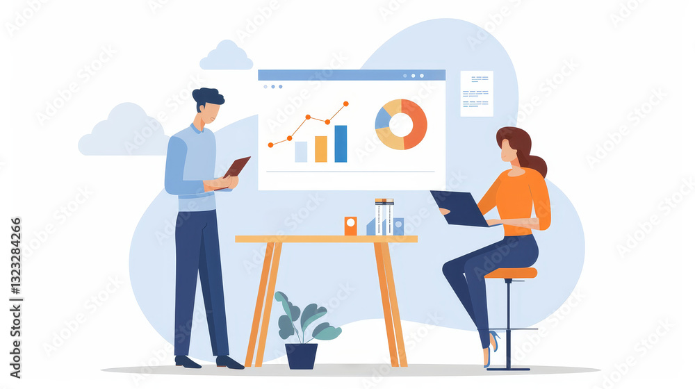 Business Meeting with Team Members Analyzing Data and Charts in Office Business Meeting with Team Members Analyzing Data and Charts in Office