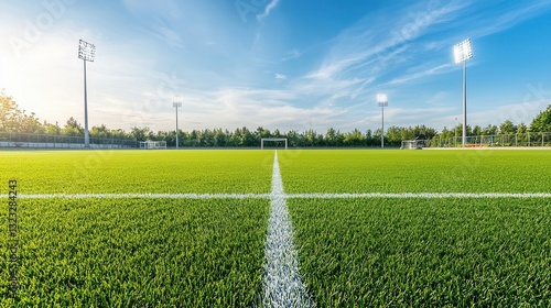 Pristine freshly maintained sports ground with a lush green grassy field and stadium lighting  Perfect for various athletic activities and competitions