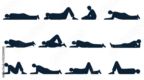 Stick figure man lie down various positions vector illustration icon set. Male person sleeping, laying, sitting on floor, ground side view silhouette pictogram on white