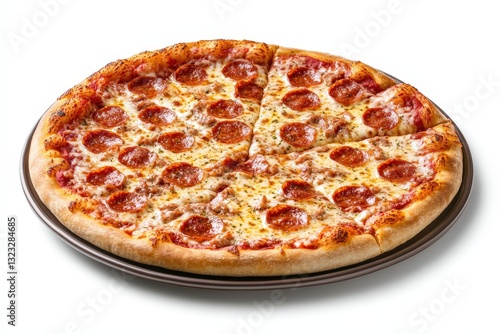 Delicious pepperoni pizza on a metal tray ready for eating