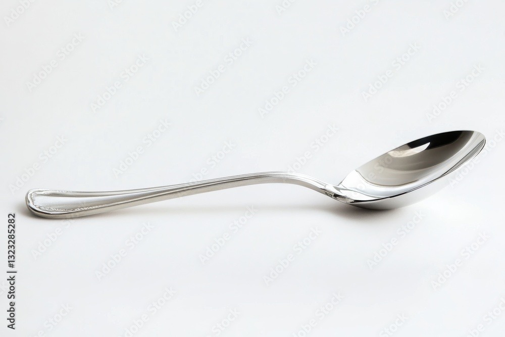 Silver spoon on a clean white surface with soft reflections Silver spoon on a clean white surface with soft reflections