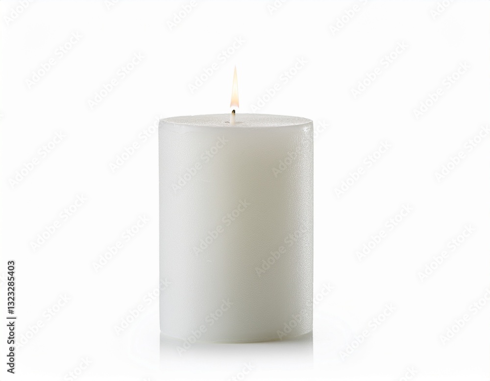 A single, off-white pillar candle burns brightly against a stark white background, creating a serene and minimalist scene. A single, off-white pillar candle burns brightly against a stark white background, creating a serene and minimalist scene.