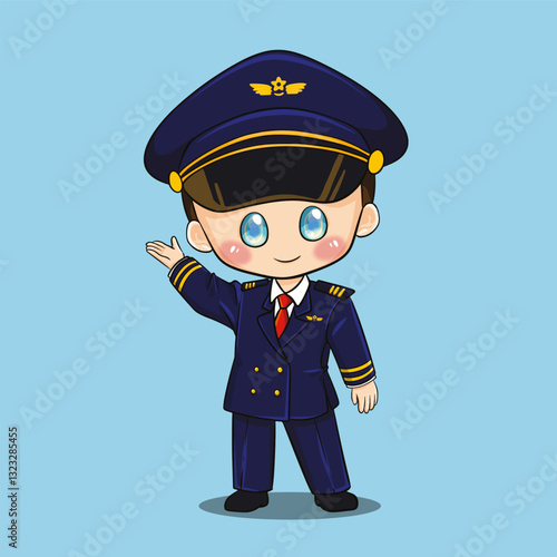 Handsome young airplane pilot cartoon illustration in chibi style