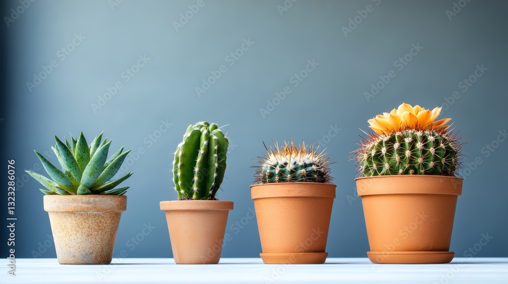 Four potted cacti are lined up on a table. The cacti are of different sizes and are placed in different sized pots. The pots are brown and the cacti are green Four potted cacti are lined up on a table. The cacti are of different sizes and are placed in different sized pots. The pots are brown and the cacti are green
