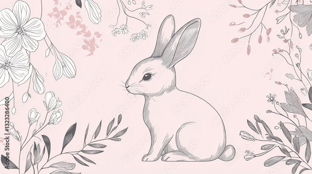 Obraz premium Minimalist Easter vector featuring delicate line-art bunny silhouette intertwined with floral elements.