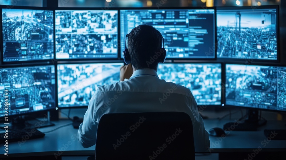 Man in headset monitors multiple screens displaying city surveillance data. Illustrates cybersecurity, data monitoring, or urban security concepts. Man in headset monitors multiple screens displaying city surveillance data. Illustrates cybersecurity, data monitoring, or urban security concepts.