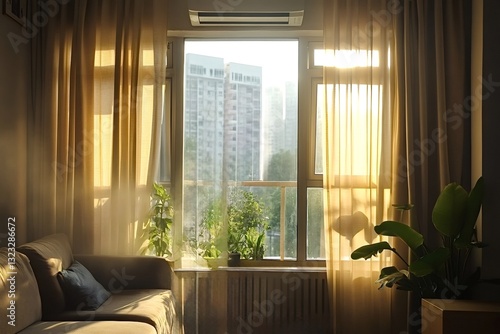 Golden sunlight streams through sheer curtains in a cozy living room, creating a warm and inviting atmosphere with a sofa, houseplants, and a view of the city outside