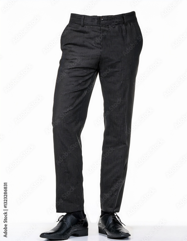 A pair of dark-grey pinstripe trousers, neatly pressed, worn with black formal shoes. Simple, elegant style. A pair of dark-grey pinstripe trousers, neatly pressed, worn with black formal shoes. Simple, elegant style.