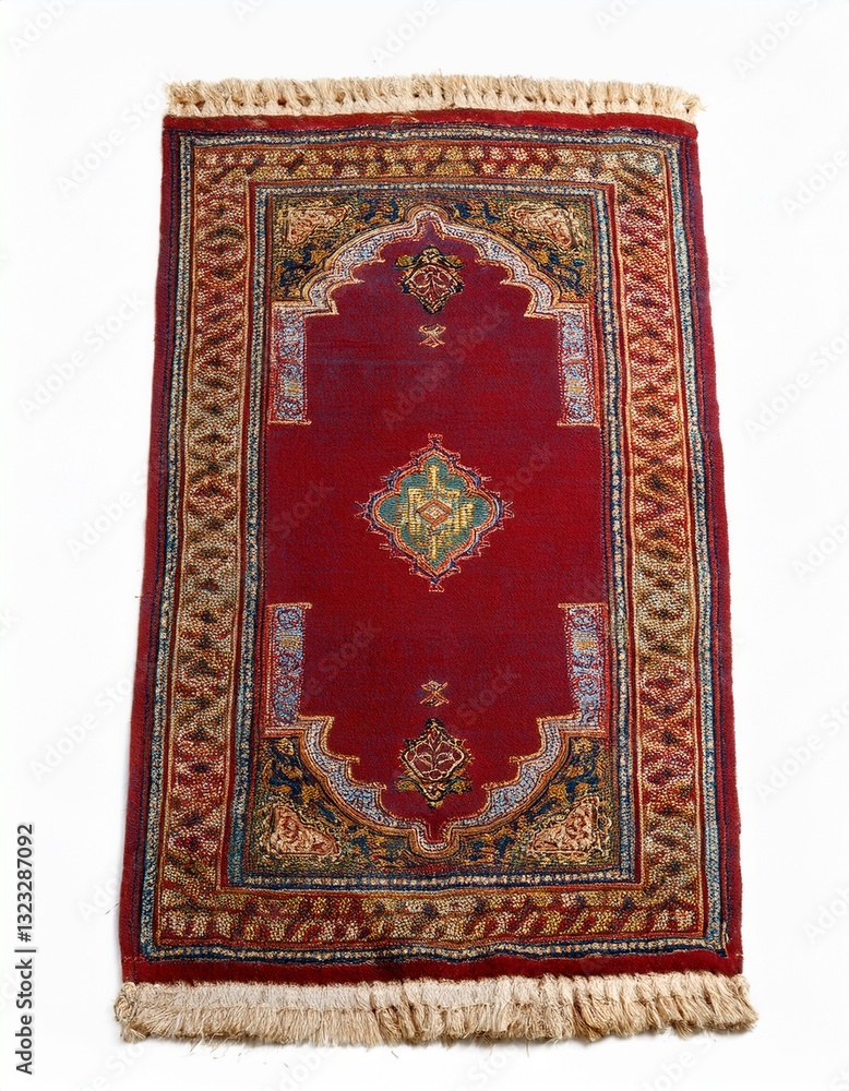 Richly detailed prayer rug with a deep red center and intricate gold and blue patterns. The fringed edges add to its traditional appeal. Richly detailed prayer rug with a deep red center and intricate gold and blue patterns. The fringed edges add to its traditional appeal.