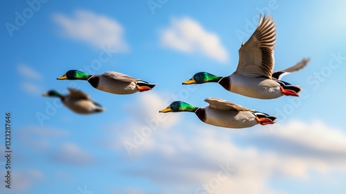 Four ducks flying in the sky. The sky is blue with some clouds. The ducks are in a V formation