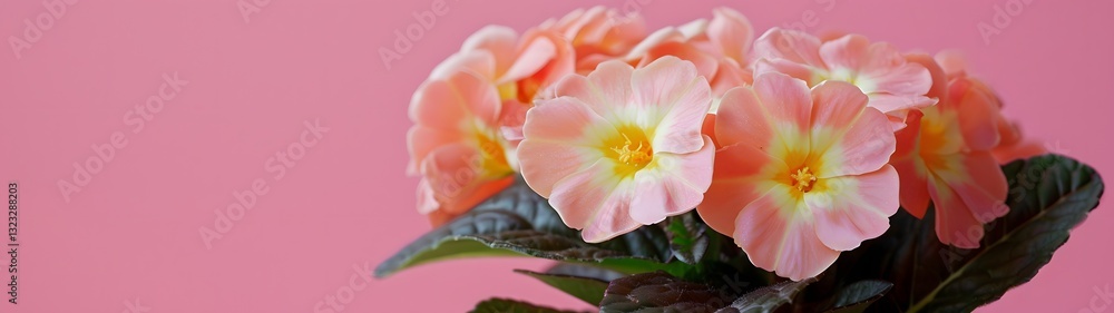 Fototapeta premium light pink primrose flowers with yellow centers on soft pink background