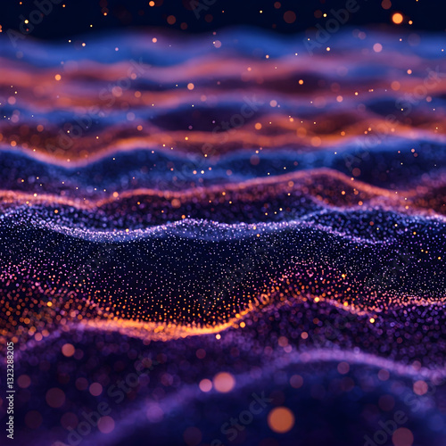 Futuristic glowing digital waves with vibrant blue and orange particles. Abstract cyber landscape representing technology, data flow, and artificial intelligence.