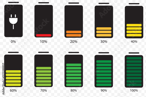 Battery icons set. High quality black style vector icons. Batterry charge indicator. Battery level, energy, full. 1176