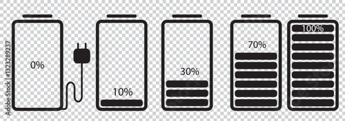 Set of vertical battery level indicators in percentage vector. Battery indicator symbols. 1176