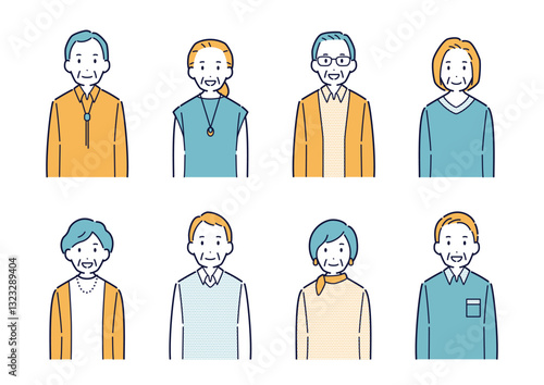正面を向いて笑う高齢者のイラストセット