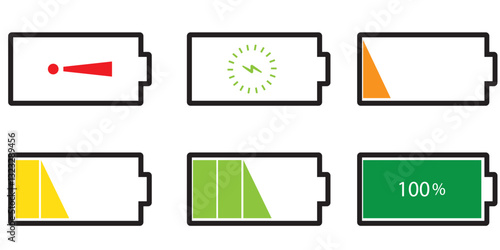 Set of vertical battery level indicators in percentage vector. Battery indicator symbols. 1176