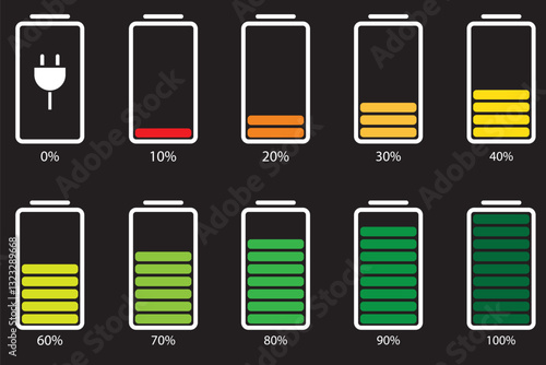 Battery icon set. Battery Full charge indicator or low charge sign. Level battery Energy powerfully full. 1176